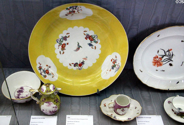 Various Meissen porcelain plates & vessels (c1725-35) at Sèvres National Ceramic Museum. Paris, France.