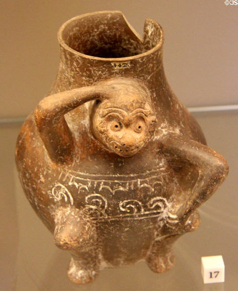 Terra Cotta pot in shape of monkey (900-1521) from Island of Sacrifices, Mexico at Sèvres National Ceramic Museum. Paris, France.