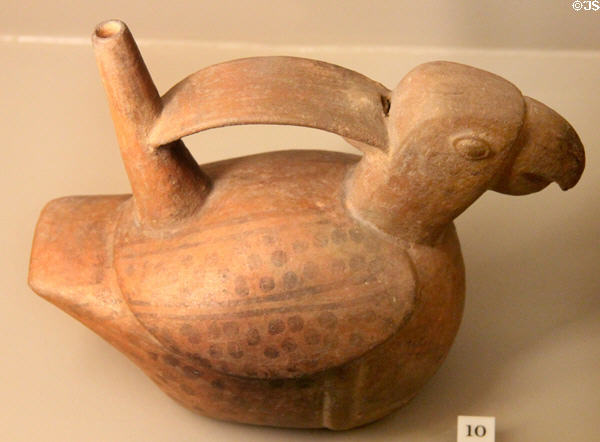 Sicán (aka Lambayeque) terra cotta bird stirrup bottle (800-1350) from north coast of Peru at Sèvres National Ceramic Museum. Paris, France.