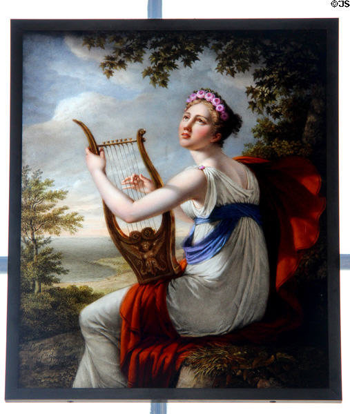 Painted scene on glass of young woman playing lyre at Sèvres National Ceramic Museum. Paris, France.