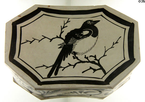 Chinese stoneware pillow painted with magpie (12th-13thC) from Hebei at Cernuschi Museum. Paris, France.