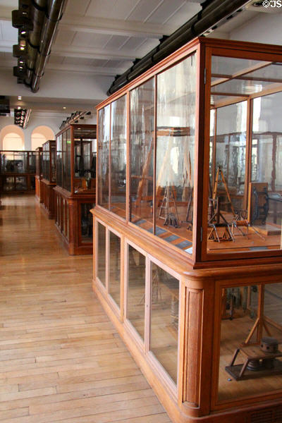 Display cases of early French technology at Arts et Metiers Museum. Paris, France.