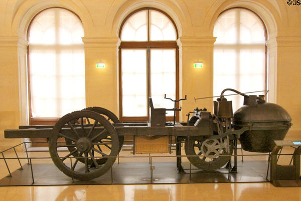 First steam driven road vehicle "Fardier" 1770 by Nicolas Joseph Cugnot military engineer at Arts et Metiers Museum. Paris, France.