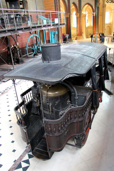 L'Obéissante (Obedient) steam-powered 12-passenger omnibus (1873) by Amédée Bollée maintained speeds of 30km/h at Arts et Metiers Museum. Paris, France.