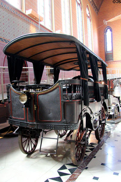 L'Obéissante (Obedient) steam-powered 12-passenger omnibus (1873) by Amédée Bollée maintained speeds of 30km/h at Arts et Metiers Museum. Paris, France.