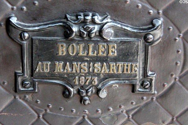 Maker's plaque of L'Obéissante (Obedient) steam-powered omnibus (1873) by Amédée Bollée at Arts et Metiers Museum. Paris, France.