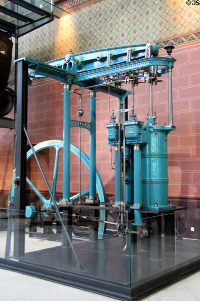 Beam engine (c1860) by T. Scott of Rouen was used until 1986 for pumping water from Seine River at Arts et Metiers Museum. Paris, France.