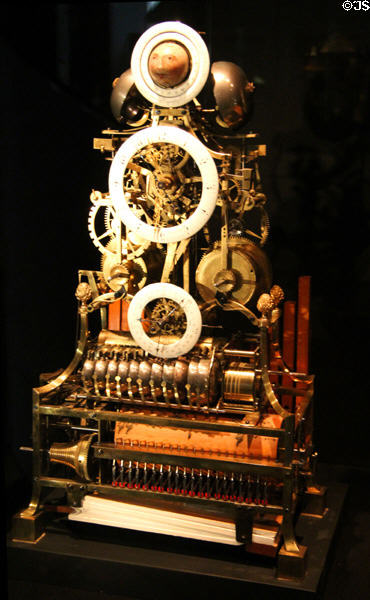 Mechanism of pendulum clock with playing flute & chimes (1790) at Arts et Metiers Museum. Paris, France.