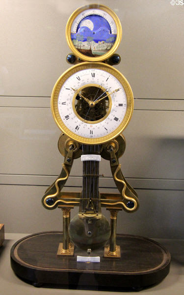 Clock with day & date of month plus lunar cycle & temperature (c1825) by Deschamps of Paris at Arts et Metiers Museum. Paris, France.
