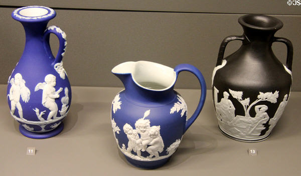 Wedgwood blue jasper vase (shown London Expo 1851) & milk jar (early 19thC) plus Portland vase (1790) at Arts et Metiers Museum. Paris, France.