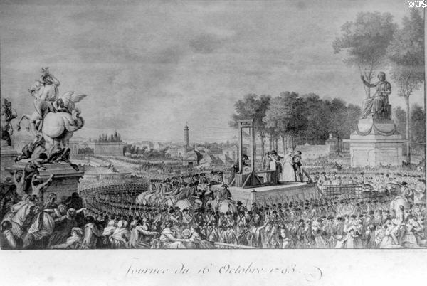 Oct. 16, 1793 Execution of Marie-Antoinette, Place de la Concorde copperplate engraving by Charles Monnet after original by Isidore Stanislas Helman at Conciergerie. Paris, France.