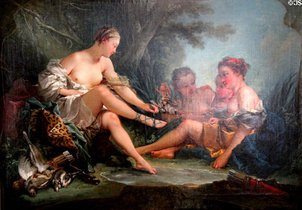 Repose of nymphs after return from hunting painting (1745) by François Boucher at Cognacq-Jay Museum. Paris, France.