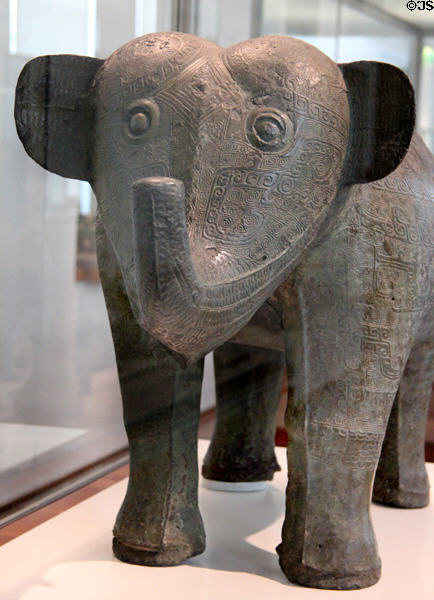 Chinese Zun bronze vase in form of elephant (12thC-11thC BCE - Shang dynasty) from Changsha, China at Guimet Museum. Paris, France.