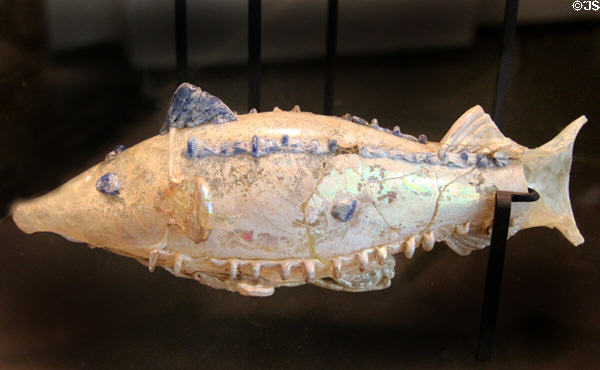 Blown glass flask in shape of fish (1stC) from Afghanistan at Guimet Museum. Paris, France.