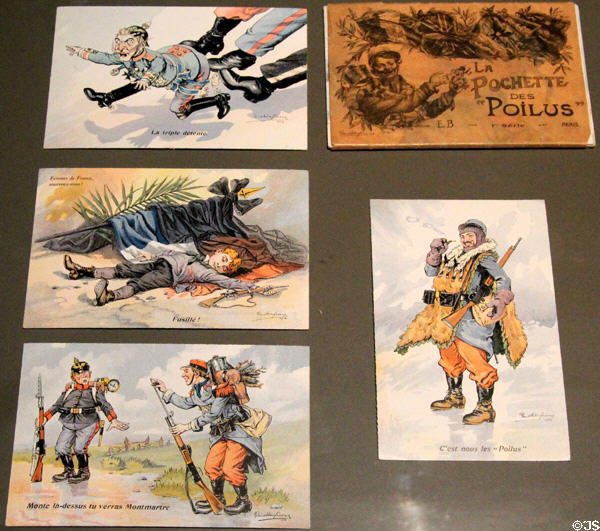 WWI caricature cards (1914) by Paul Dufresne at Army Museum at Les Invalides. Paris, France.