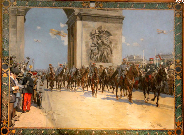 Victory parade in front of Arc de Triomphe on July 14, 1919 by Françoise Flameng at Army Museum at Les Invalides. Paris, France.