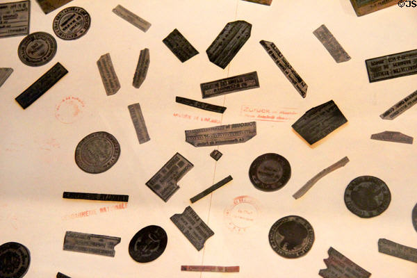 Dies & stamps used by WWII French resistance for producing forged papers & leaflets at Army Museum at Les Invalides. Paris, France.
