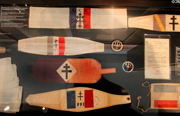 WWII French Resistance FFI (French Forces of Interior) armbands & badges at Army Museum at Les Invalides. Paris, France.
