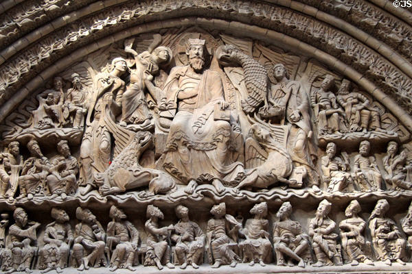 Evangelist detail of cast of Romanesque apocalypse arch of St.-Pierre abbey church from Moissac (Tarn-et-Garonne) at Musée des Monuments Français. Paris, France.