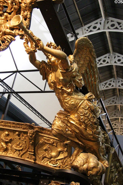Pheme, Greek goddess of rumors & gossip, carved ship decoration (1688-94) by Marseilles dockyard for French galley Réale at Musée de la Marine. Paris, France.