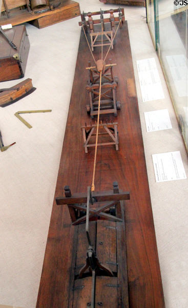 Model of rope railway to twist ship ropes (late 18thC) by Toulon Arsenal at Musée de la Marine. Paris, France.