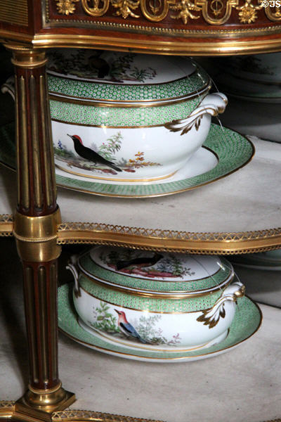 Sèvres Buffon porcelain covered serving dishes with birds (1784-6) at Nissim de Camondo Museum. Paris, France.