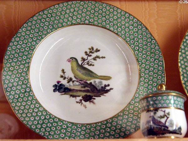 Sèvres Buffon porcelain dinner plate with finch (1784-6) at Nissim de Camondo Museum. Paris, France.