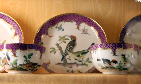 Meissen porcelain plates & cups with birds (1740-50) at Nissim de Camondo Museum. Paris, France.