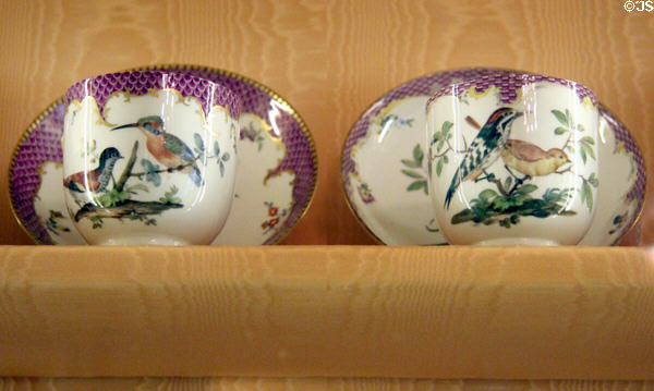Meissen porcelain cups & saucers with birds (1740-50) at Nissim de Camondo Museum. Paris, France.