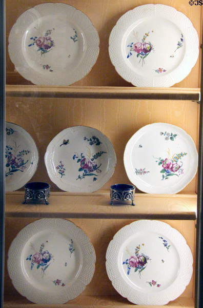 Chantilly porcelain plates with flowers (1740-50) at Nissim de Camondo Museum. Paris, France.