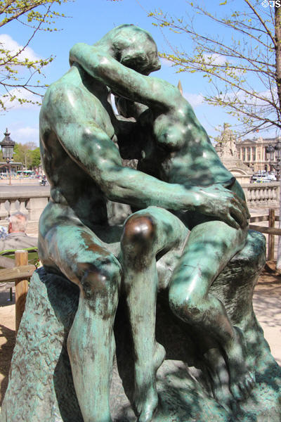The Kiss by Auguste Rodin (c1886) in front of Orangerie museum. Paris, France.