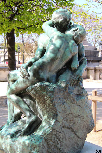 The Kiss by Auguste Rodin (c1886) in front of Orangerie museum. Paris, France.