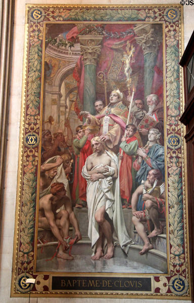 Baptism of Clovis at Reims on Dec. 25, 498 mural (1874-82) by Joseph Blanc at Pantheon. Paris, France.