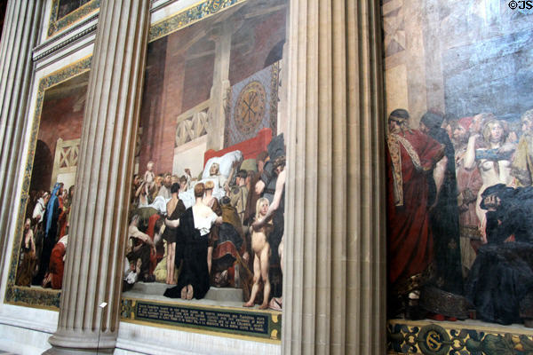 Dying moments of Saint Genevieve venerated by people, advisor to kings, & consoler of unfortunate murals by Jean-Paul Laurens at Pantheon. Paris, France.