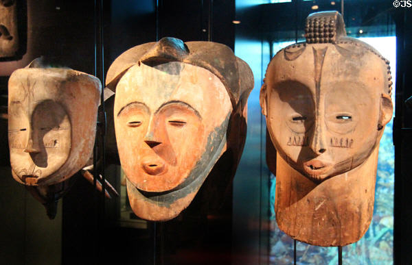 Puna tribe carved wooden masks (end 19thC - early 20thC) from Gabon at Musée du quai Branly. Paris, France.