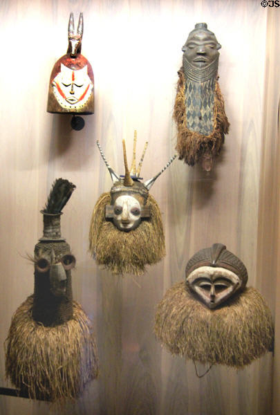 Range of tribal masks (end 19thC - early 20thC) from Democratic Republic of Congo at Musée du quai Branly. Paris, France.