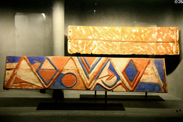 Painted wooden bedboards (20thC) from Congo at Musée du quai Branly. Paris, France.