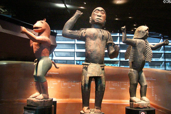 Carved wooden half-man / half-animal royal statues (late 19thC) from Abomey, Benin at Musée du quai Branly. Paris, France.
