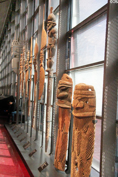 Collection of carved poles from Pacific islands at Musée du quai Branly. Paris, France.