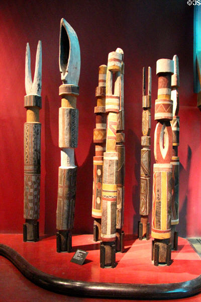 Tiwi peoples funerary poles (20thC) from Bathurst island, Australia at Musée du quai Branly. Paris, France.