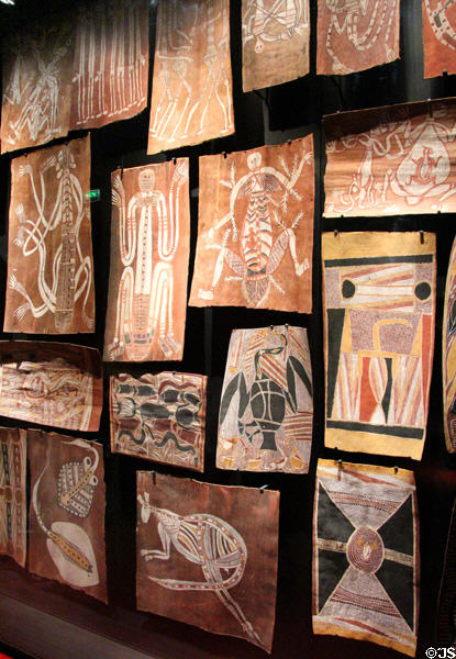Australian native bark paintings at Musée du quai Branly. Paris, France.