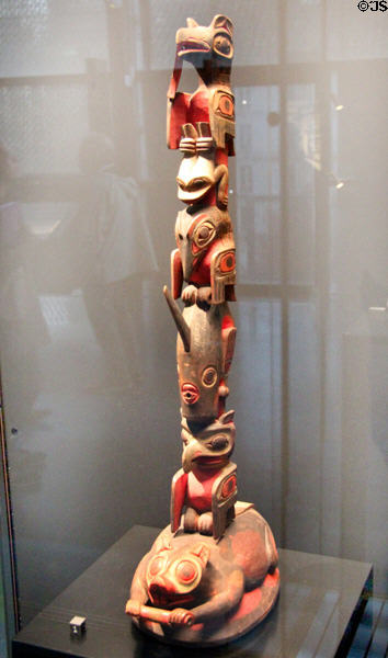 Tlingit culture model of heraldic totem pole (19thC) from Alaska, USA at Musée du quai Branly. Paris, France.