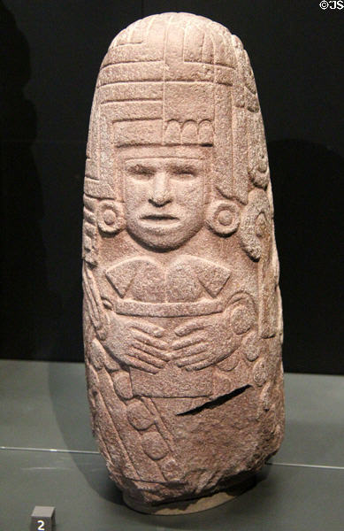 Aztec Chicomecoatl agricultural goddess statue (1325-1521) from Mexico at Musée du quai Branly. Paris, France.