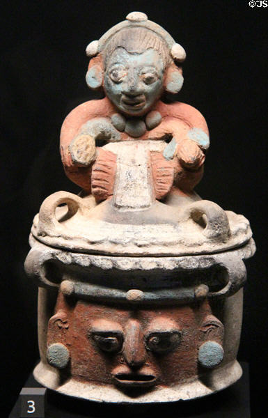 Terra cotta covered bowl (600 - 800) from Guatemala at Musée du quai Branly. Paris, France.