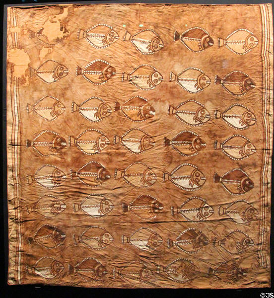 Chancay culture cotton textile painted with fish (1000 - 1470) from Peru at Musée du quai Branly. Paris, France.