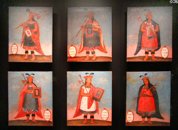 Portraits of Inca Kings (19thC) by colonial artist in Peru at Musée du quai Branly. Paris, France.