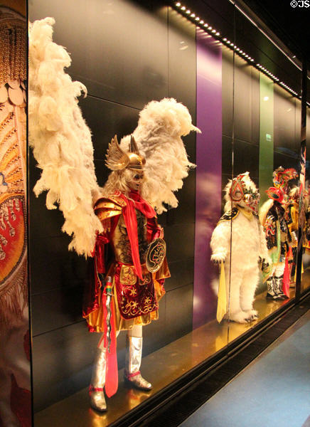 Supay costumes (20thC) for Diablada of Carnival de Oruro dance performed during Carnival in Andes at Musée du quai Branly. Paris, France.