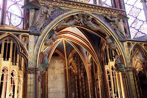 Gothic arches with carved angels in what was once Royal Chapel of Medieval French kings at St Chapelle. Paris, France.