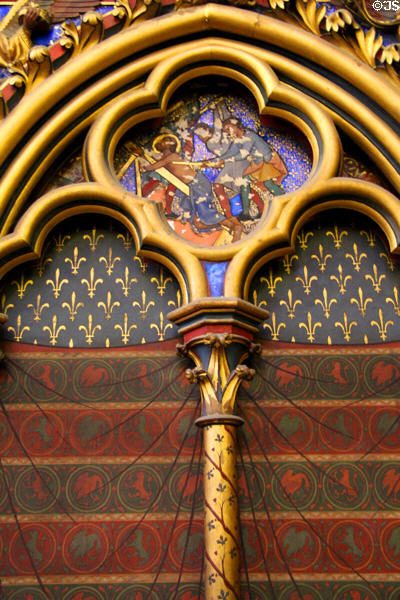 Gothic shapes painted with bright colors (13thC) at St Chapelle. Paris, France.