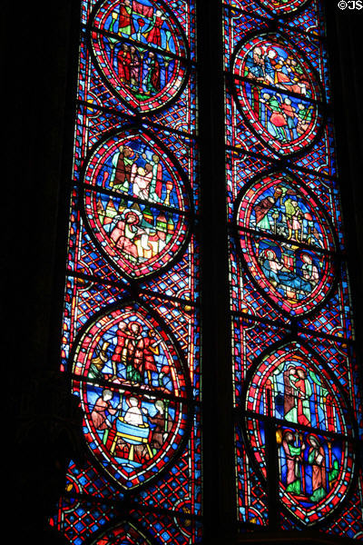 Almond-shape stained glass biblical story panels at St Chapelle. Paris, France.